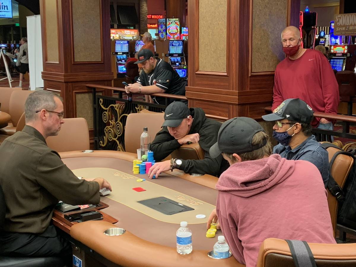 The final three players in the Benny Binion Summer Shootout poker tournament Saturday, June 12, ...