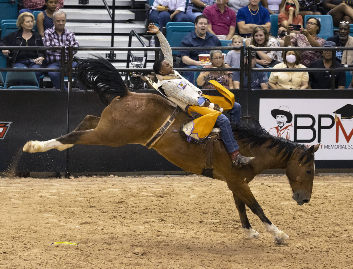 Harold Miller, of Liberty S.C., participates in bareback riding competition at the Bill Pickett ...