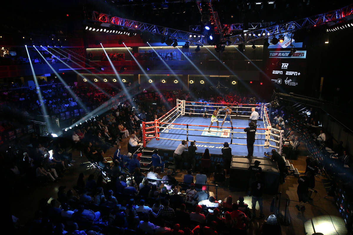 People watch Jeremiah Nakathila, left, and Shakur Stevenson, fight in the WBO Interim Jr. Light ...