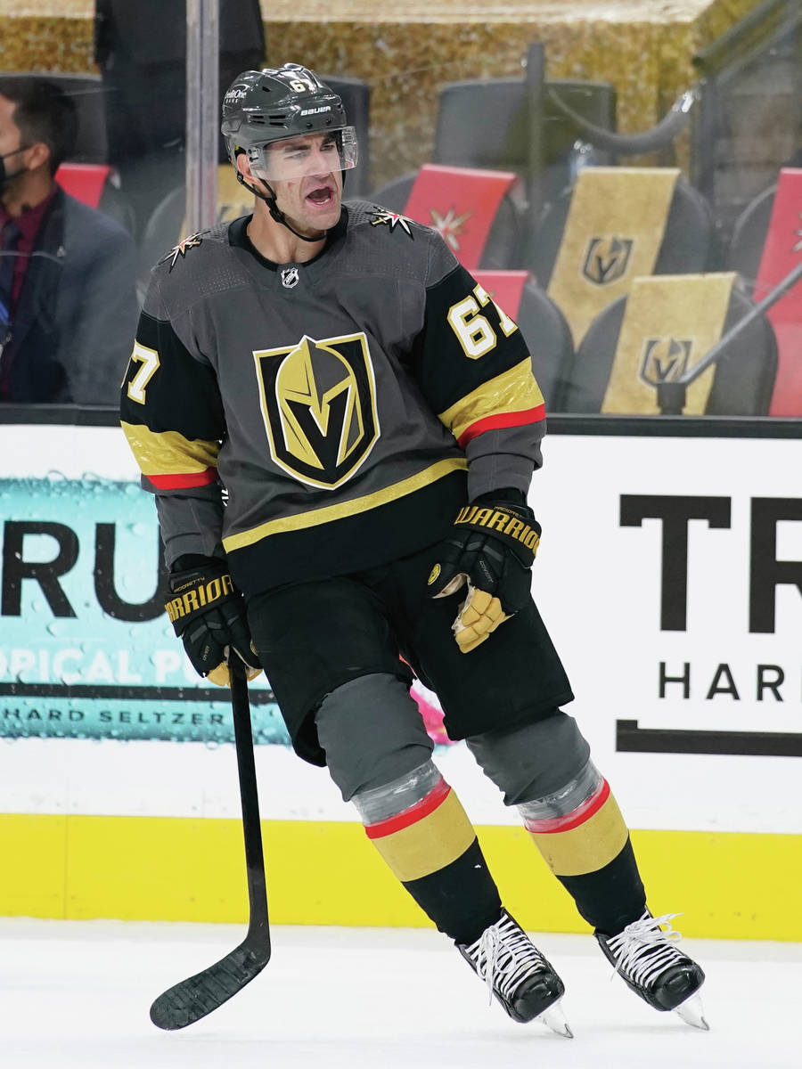 Vegas Golden Knights left wing Max Pacioretty (67) celebrates after scoring against the Colorad ...