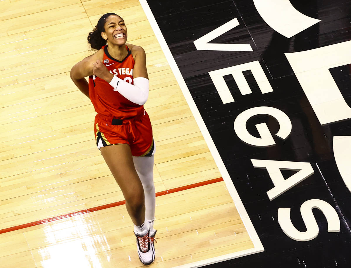 Las Vegas Aces' forward A'ja Wilson (22) reacts after scoring against the Dallas Wings during t ...