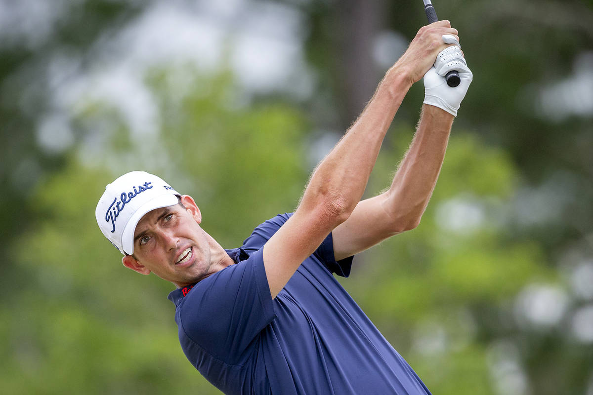 Chesson Hadley watches his drive off the third tee during the final round of the Palmetto Champ ...