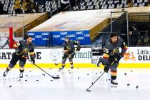 Golden Knights' Ryan Reaves (75) skates onto the ice with teammates to warm up before taking on ...