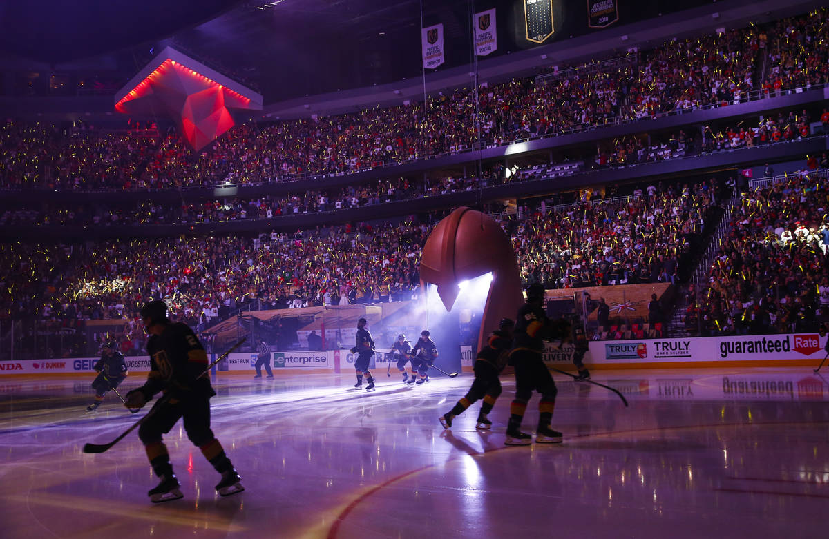 The Golden Knights skate onto the ice before the start of Game 1 of an NHL hockey Stanley Cup s ...