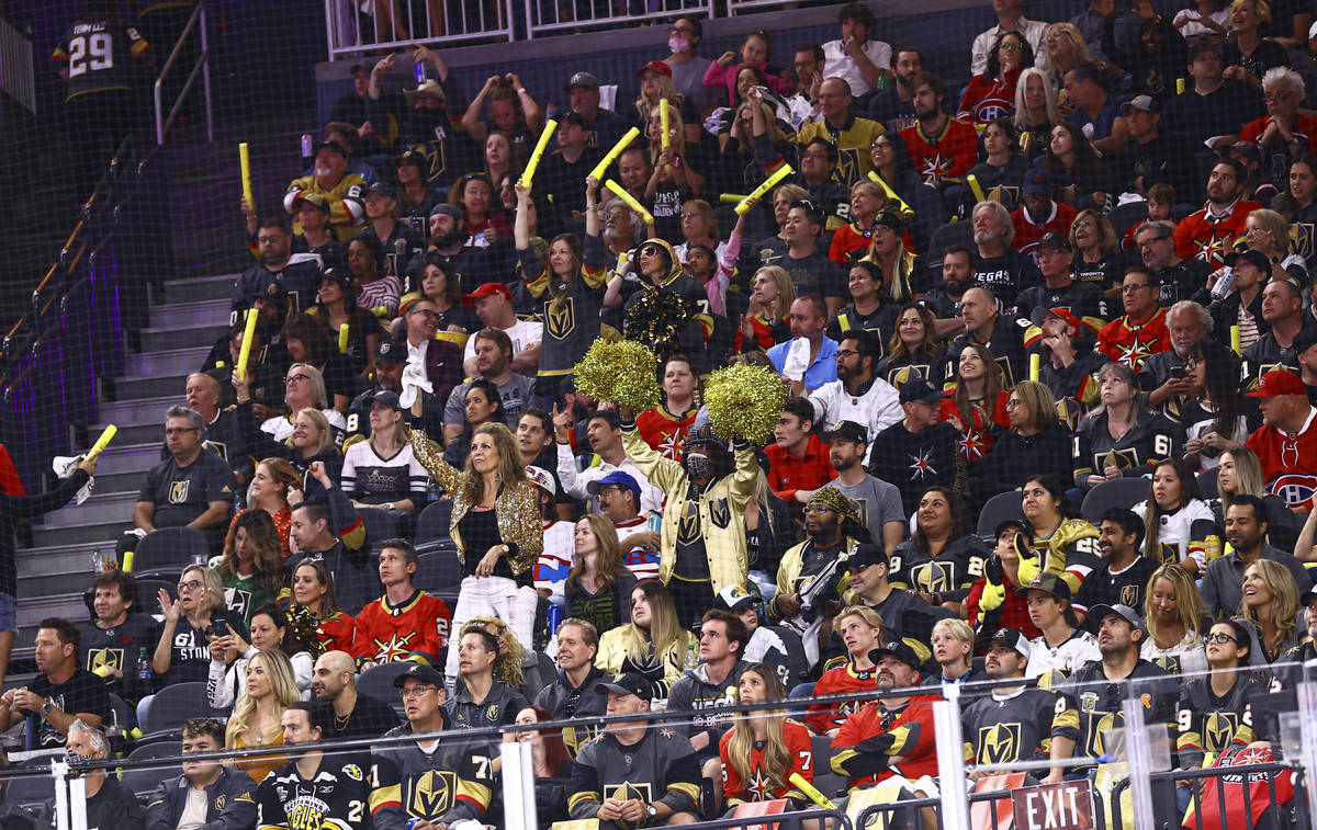 Golden Knights fans cheer during the second period of Game 1 of an NHL hockey Stanley Cup semif ...