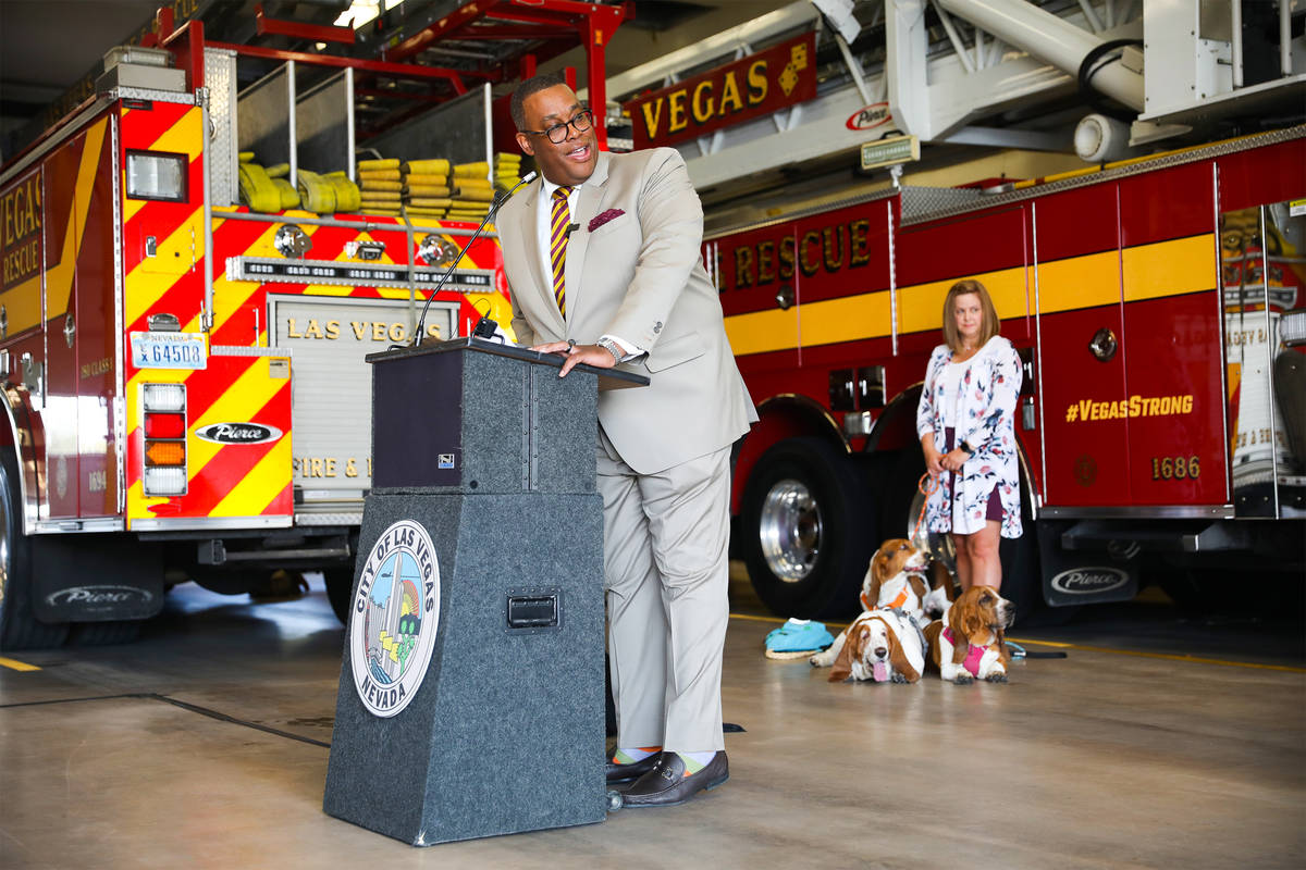 Las Vegas Councilman Cedric Crear addresses the media at an event to teach the public about ani ...