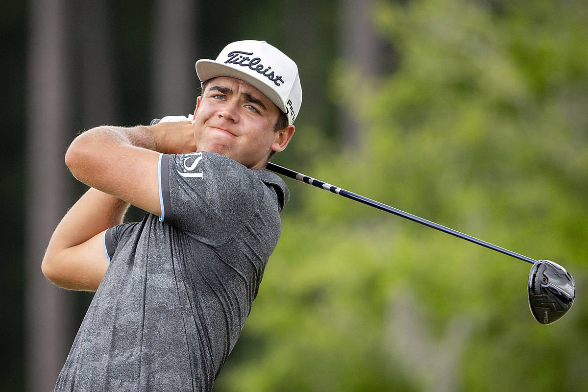 Garrick Higgo, of South Africa, hits off the third tee during the final round of the Palmetto C ...