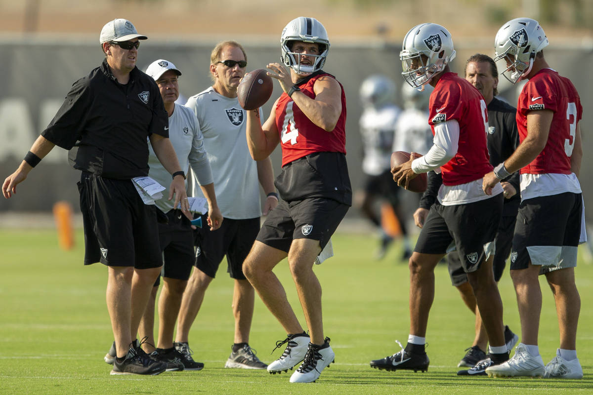Las Vegas Raiders quarterback Derek Carr (4) prepares to throw during the teamÕs NFL footb ...