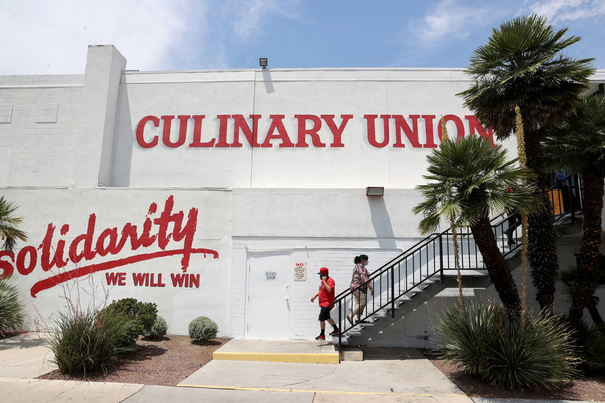 Culinary Workers Union Local 226 members arrive at their union hall in downtown Las Vegas Tuesd ...