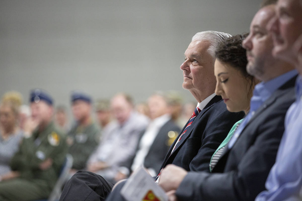 Gov. Steve Sisolak attends the change of command ceremony for Maj. Gen. Case Cunningham, who wi ...