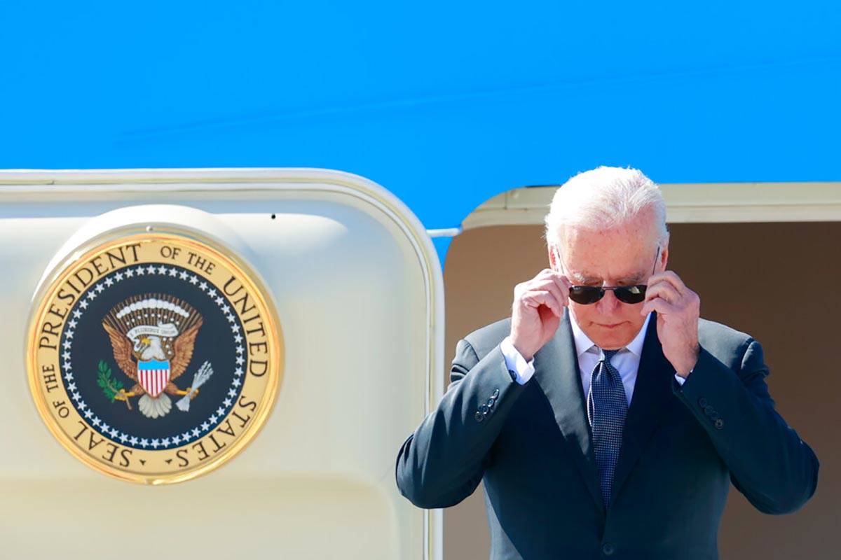 U.S. President Joe Biden arrives in Geneva, Switzerland, Tuesday, June 15, 2021 one day before ...