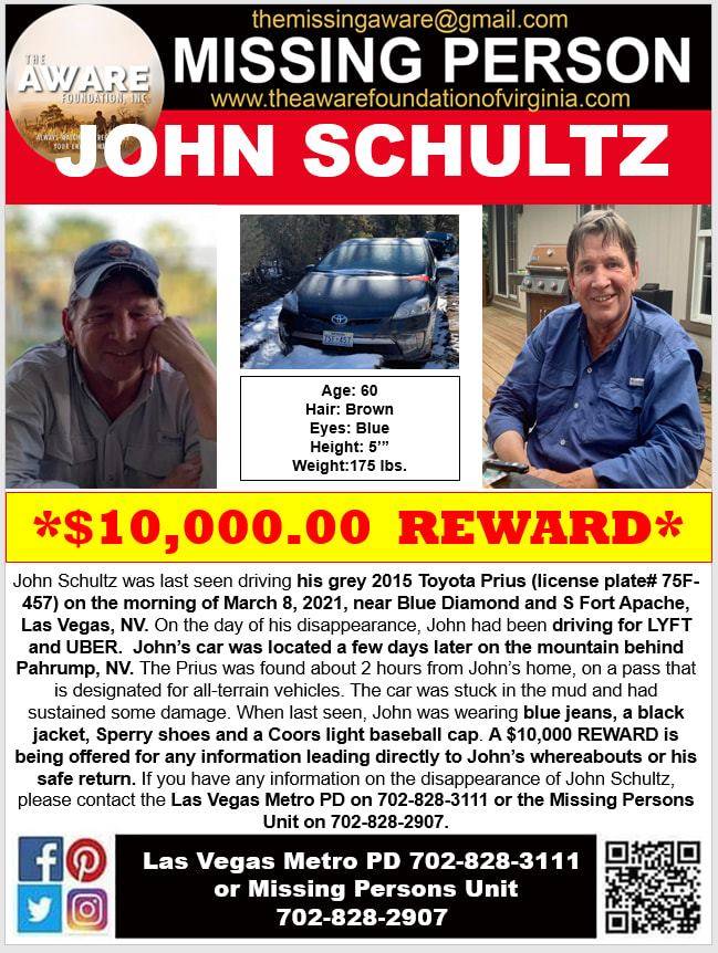 A flyer offering a $10,000 reward for information leading to the location or return of John Sch ...