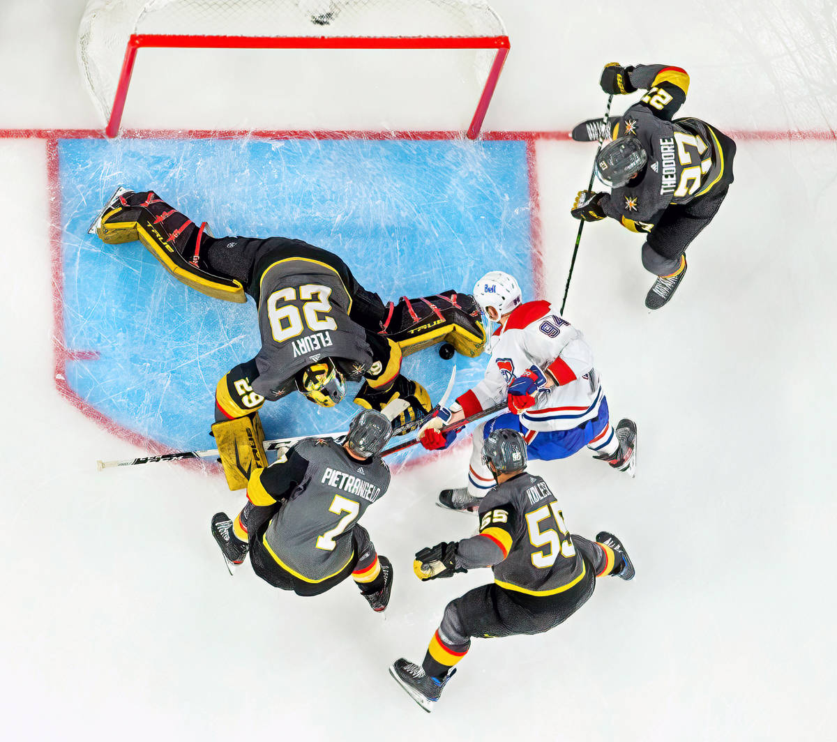 Golden Knights goaltender Marc-Andre Fleury (29) stops a puck with his foot pad shot from Montr ...