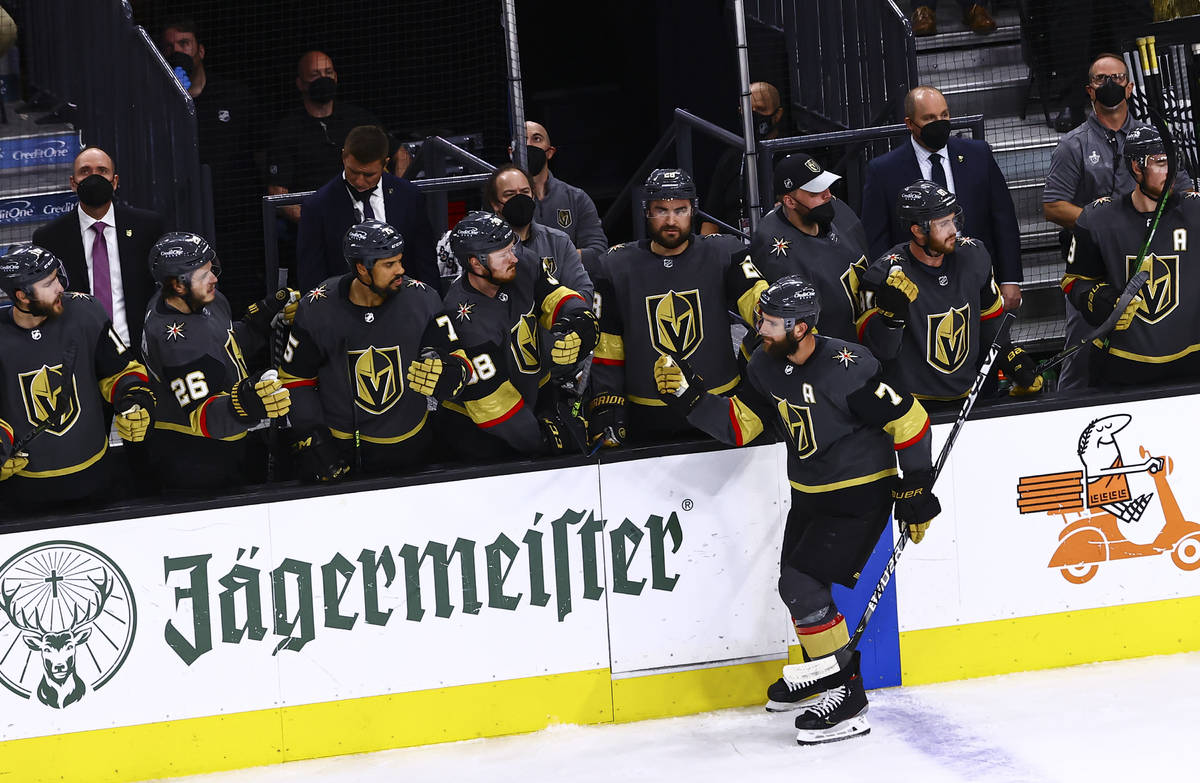 Golden Knights defenseman Alex Pietrangelo (7) celebrates his goal during the second period of ...