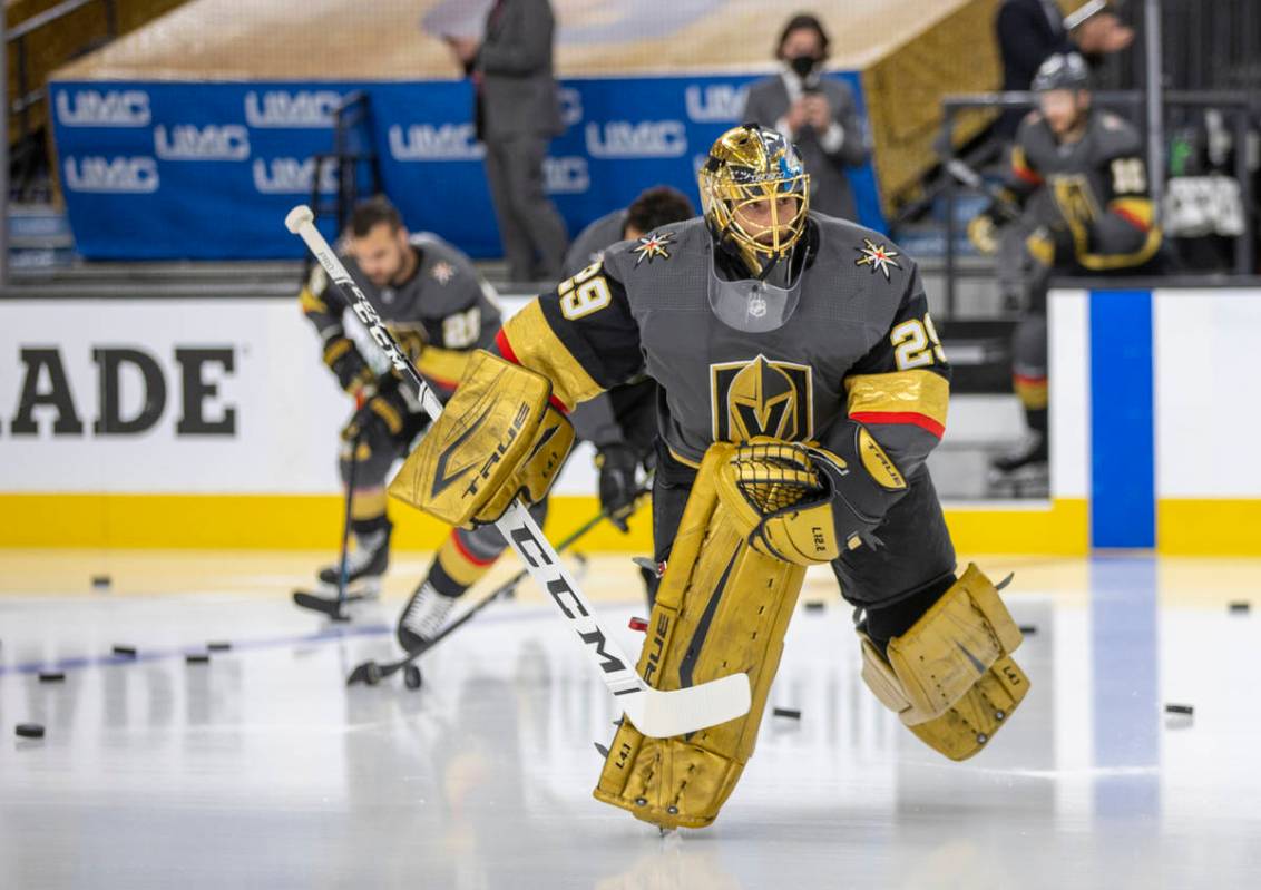 Golden Knights goaltender Marc-Andre Fleury (29) takes the ice during warm ups before the first ...