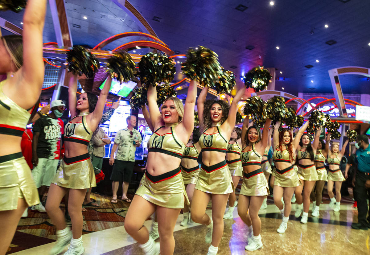 The Vegas Aces cheerleaders participate in a parade before the start of Game 2 against the Mont ...