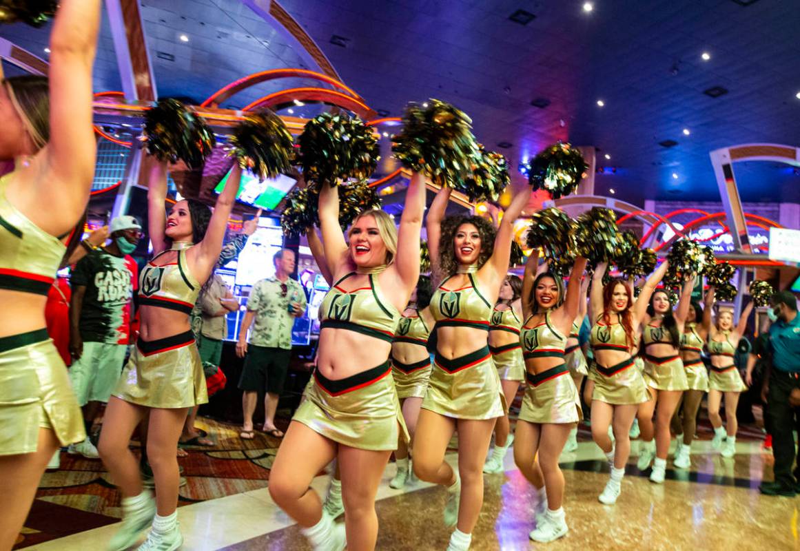 The Vegas Aces cheerleaders participate in a parade before the start of Game 2 against the Mont ...