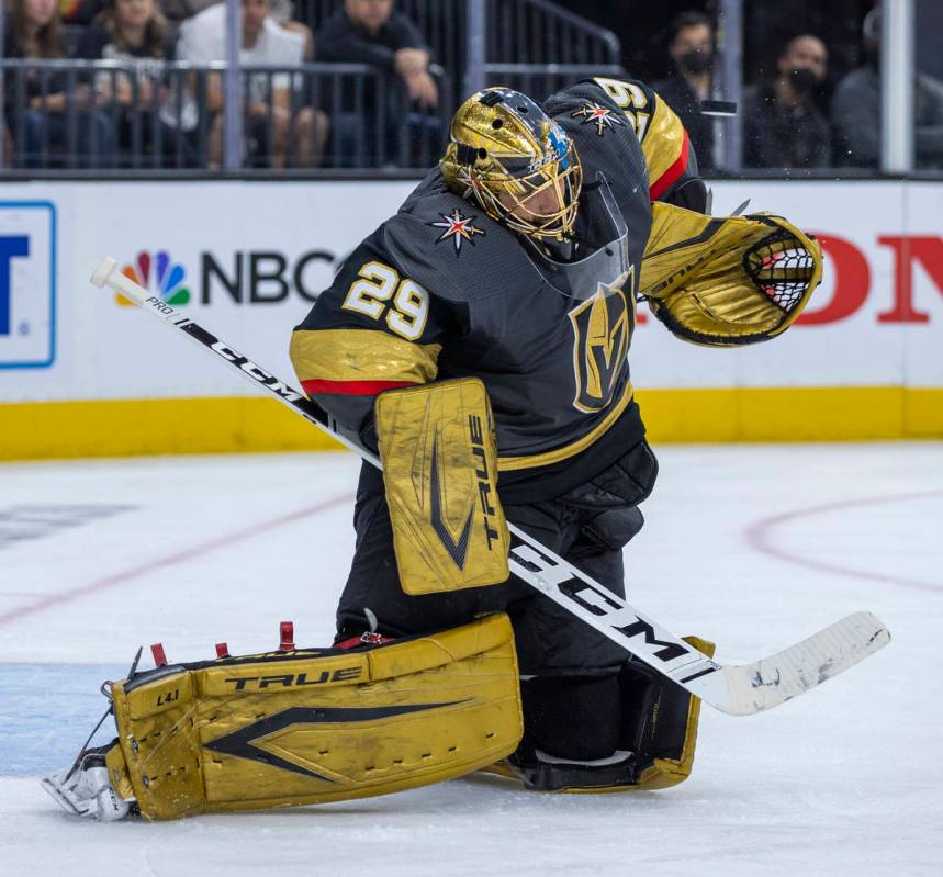 Golden Knights goaltender Marc-Andre Fleury (29) defends the net from a Montreal Canadiens shot ...
