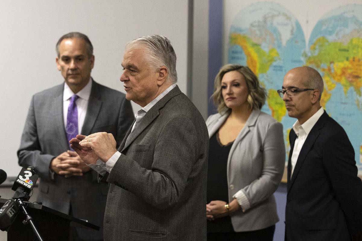 Gov. Steve Sisolak addresses the media as the Clark County School District Superintendent Jesus ...