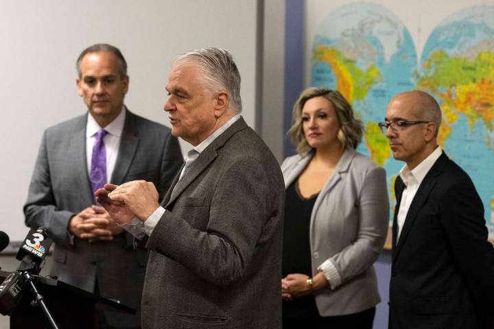 Gov. Steve Sisolak addresses the media as the Clark County School District Superintendent Jesus ...