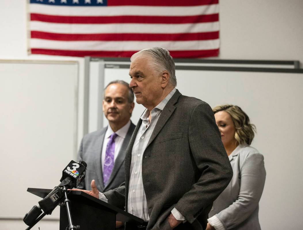 Gov. Steve Sisolak addresses the media as the Clark County School District Superintendent Jesus ...