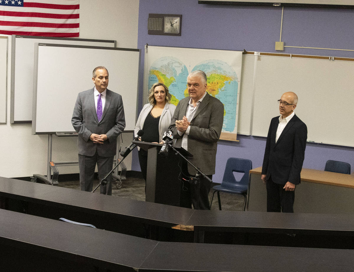 Gov. Steve Sisolak addresses the media as the Clark County School District Superintendent Jesus ...