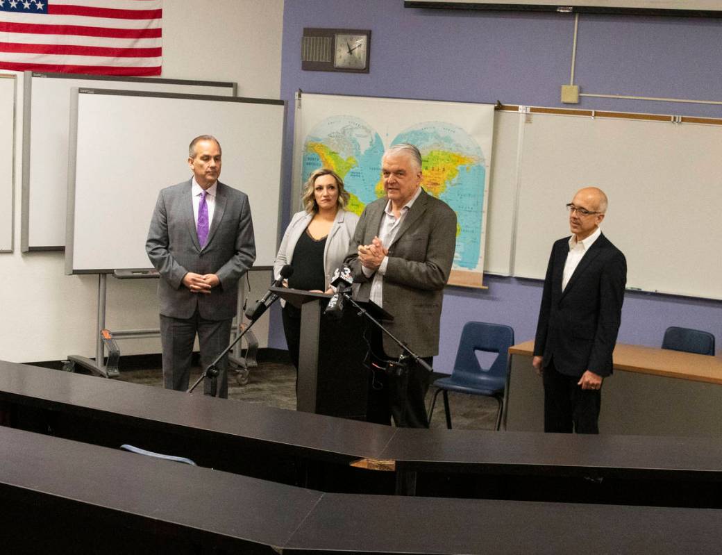 Gov. Steve Sisolak addresses the media as the Clark County School District Superintendent Jesus ...