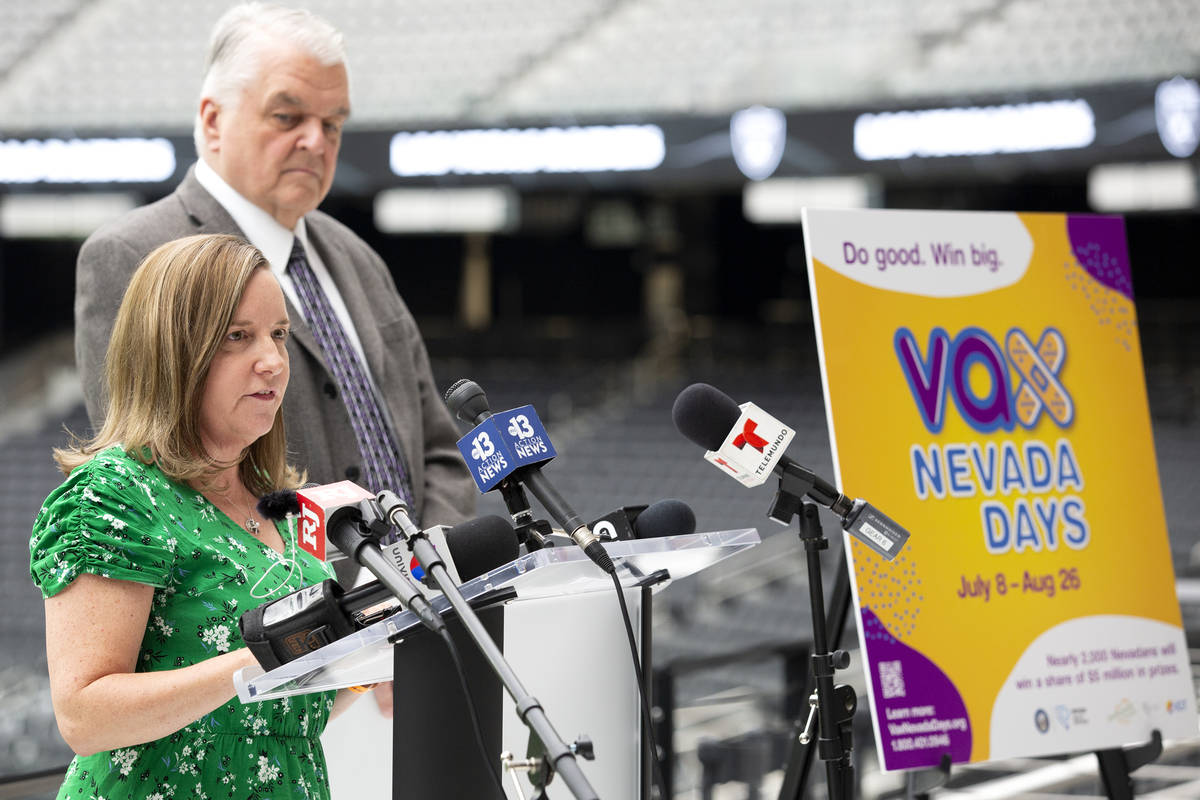 Heidi Parker, executive director of Immunize Nevada, helps to announce a COVID-19 vaccine incen ...