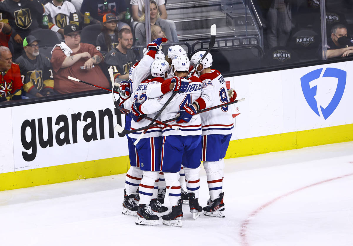 The Montreal Canadiens celebrate after scoring the first of two goals against the Golden Knight ...