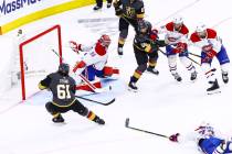 Montreal Canadiens goaltender Carey Price (31) blocks the puck in front of Golden Knights' Mark ...