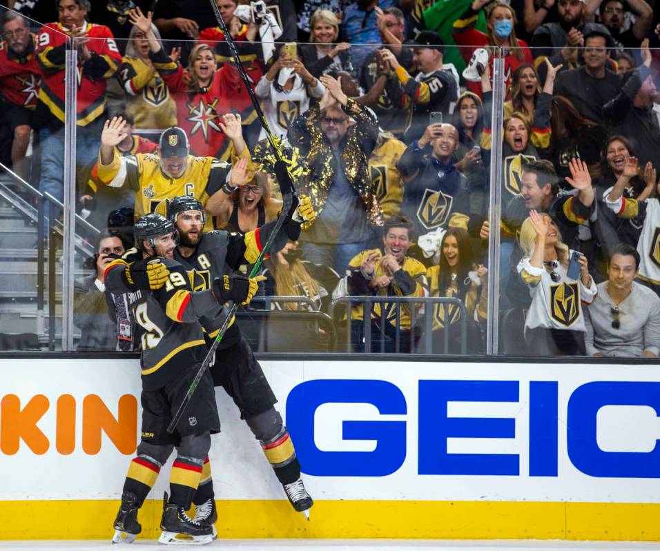 Golden Knights defenseman Alex Pietrangelo (7) celebrates his goal with teammate right wing Rei ...