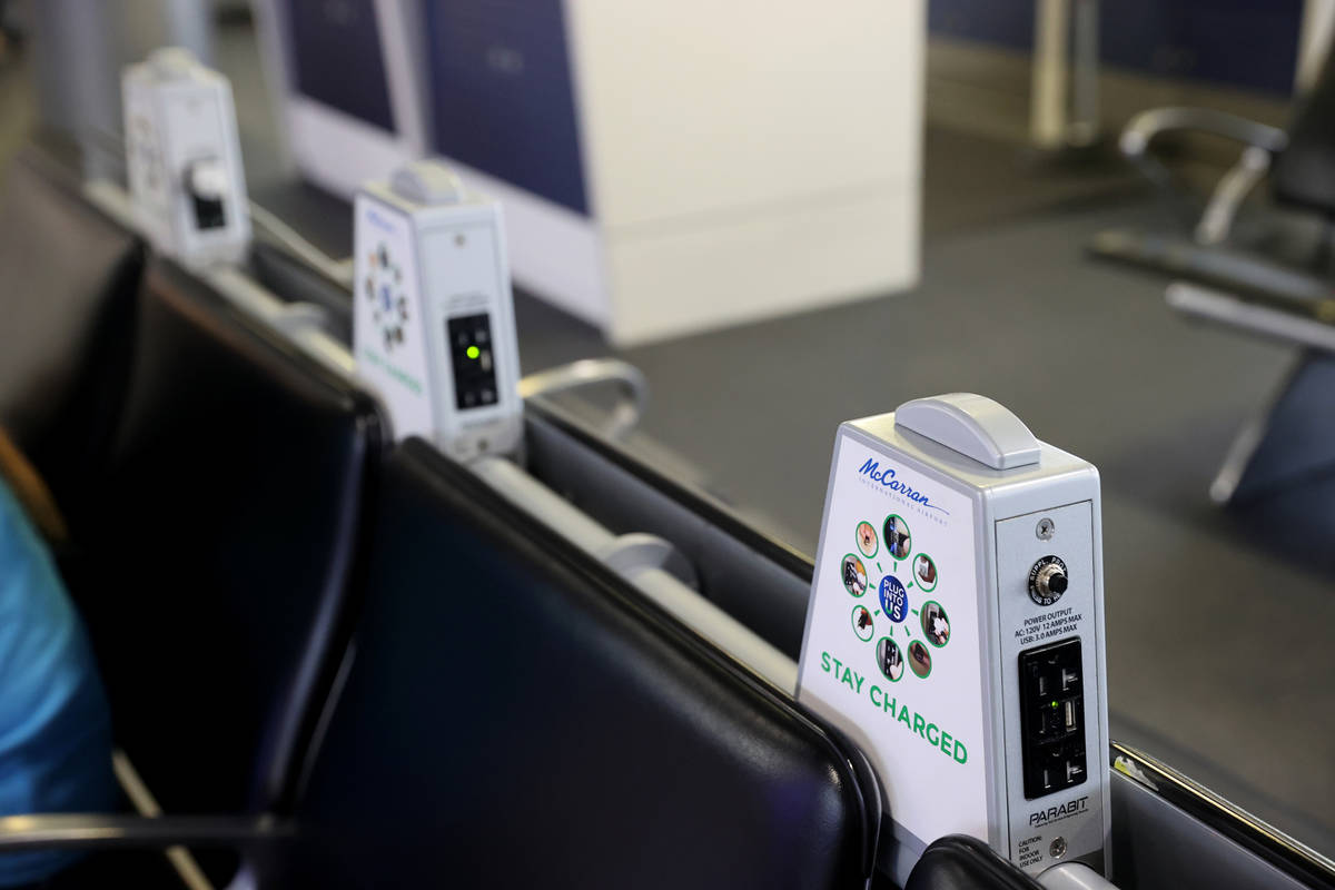 Charging stations at the renovated C Concourse at Terminal 1 in McCarran International Airport ...