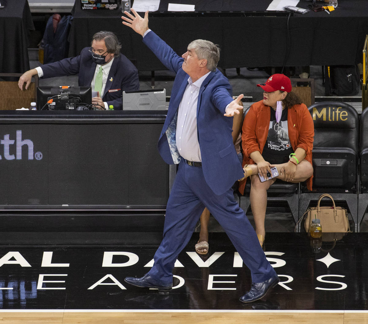 Las Vegas Aces head coach Bill Laimbeer contests a foul call versus the New York Liberty during ...