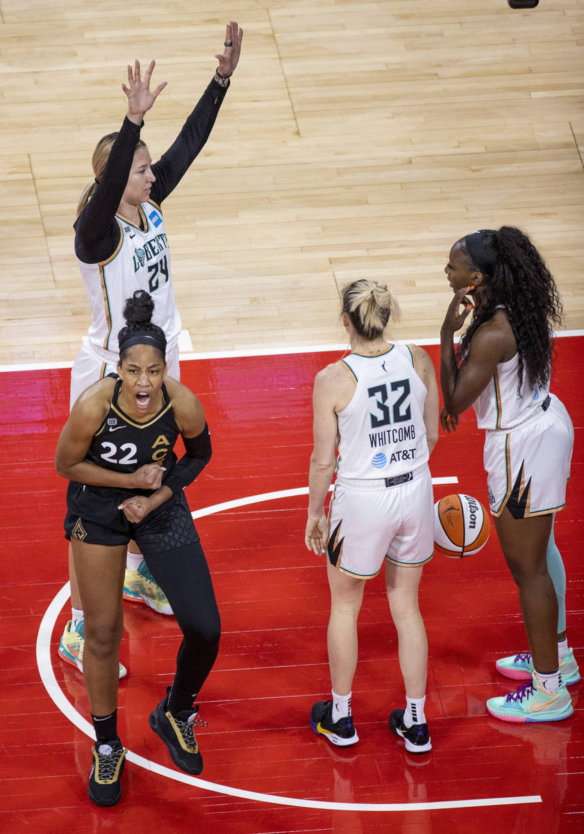 Las Vegas Aces forward A'ja Wilson (22) is pumped up after a score and a foul by New York Liber ...