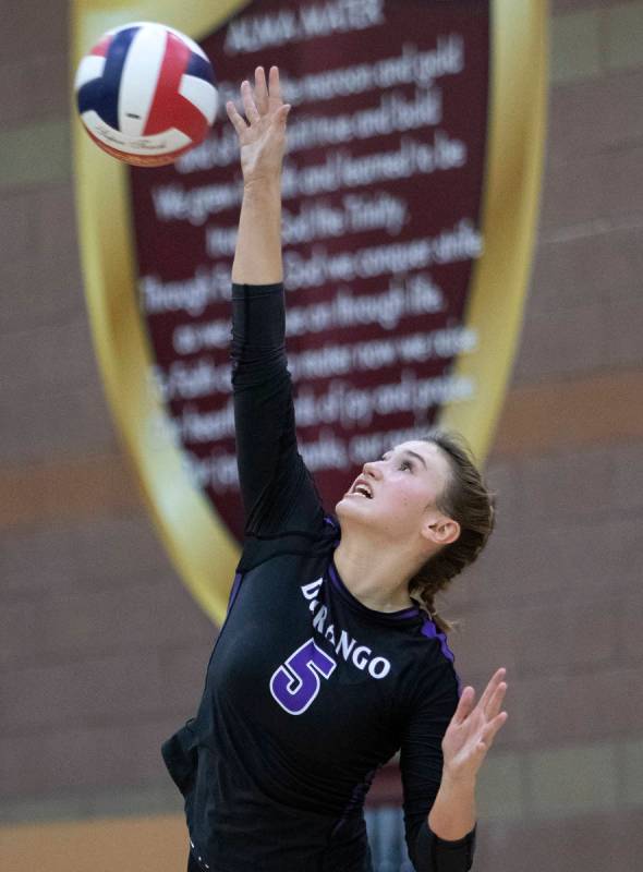 Durango High School's Aspen Steele (5) serves during the Class 4A state volleyball championship ...
