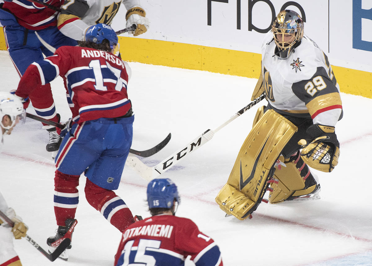 Montreal Canadiens' Josh Anderson (17) scores against Vegas Golden Knights goaltender Marc-Andr ...