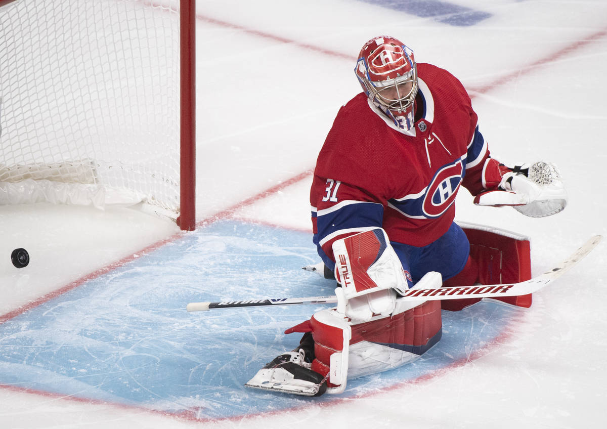 Montreal Canadiens goaltender Carey Price gives up a goal to Vegas Golden Knights' Alex Pietran ...