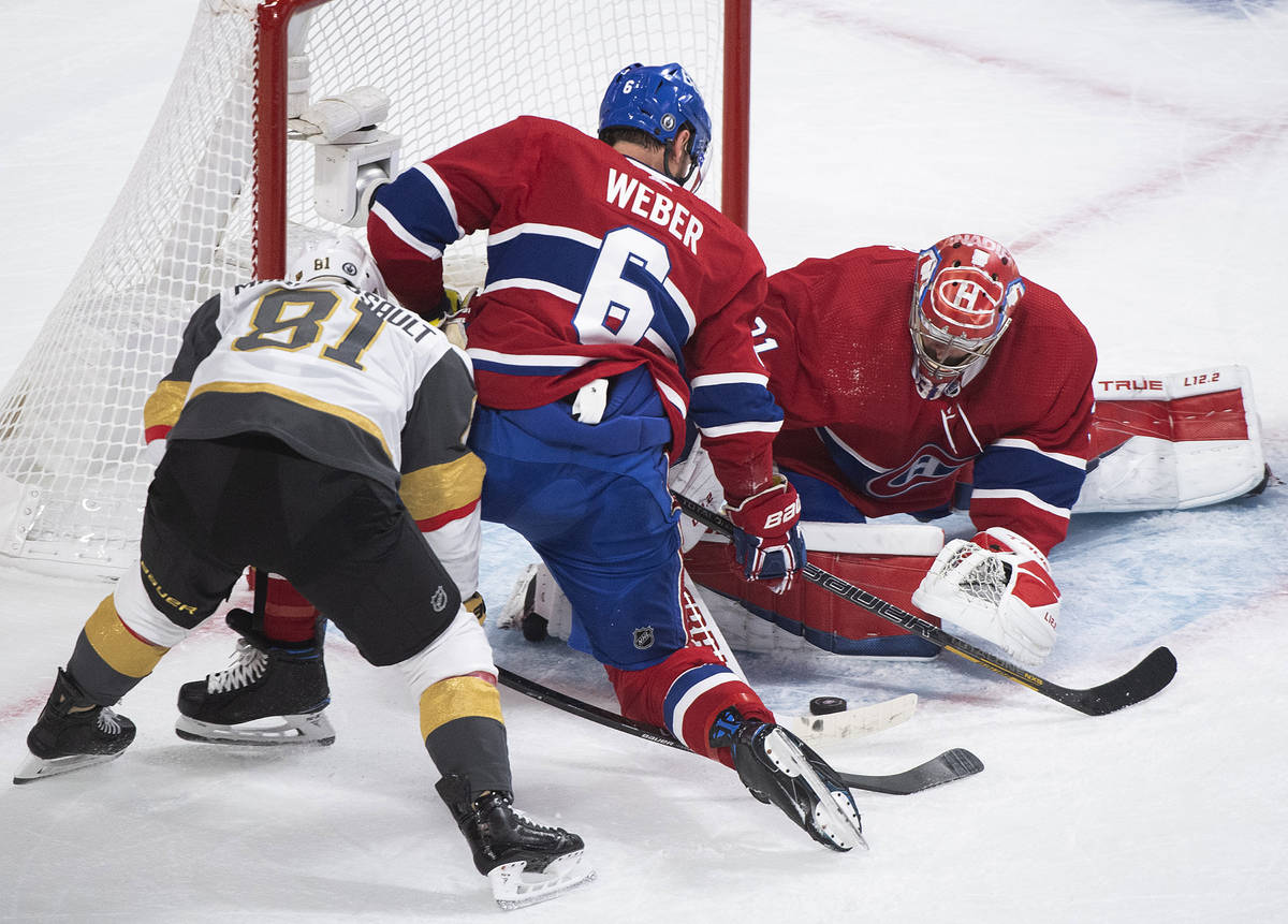 Montreal Canadiens goaltender Carey Price stops Vegas Golden Knights' Jonathan Marchessault (81 ...