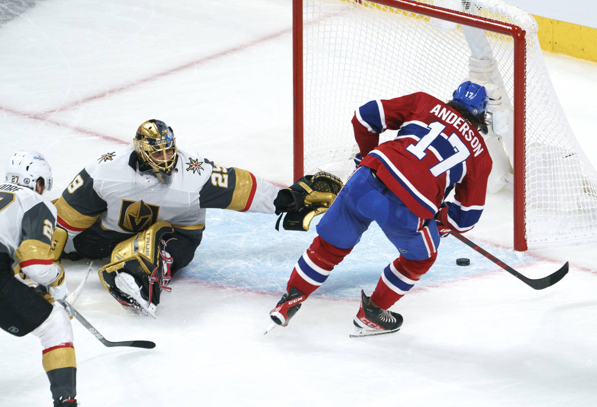 Montreal Canadiens' Josh Anderson scores past Vegas Golden Knights goaltender Marc-Andre Fleury ...