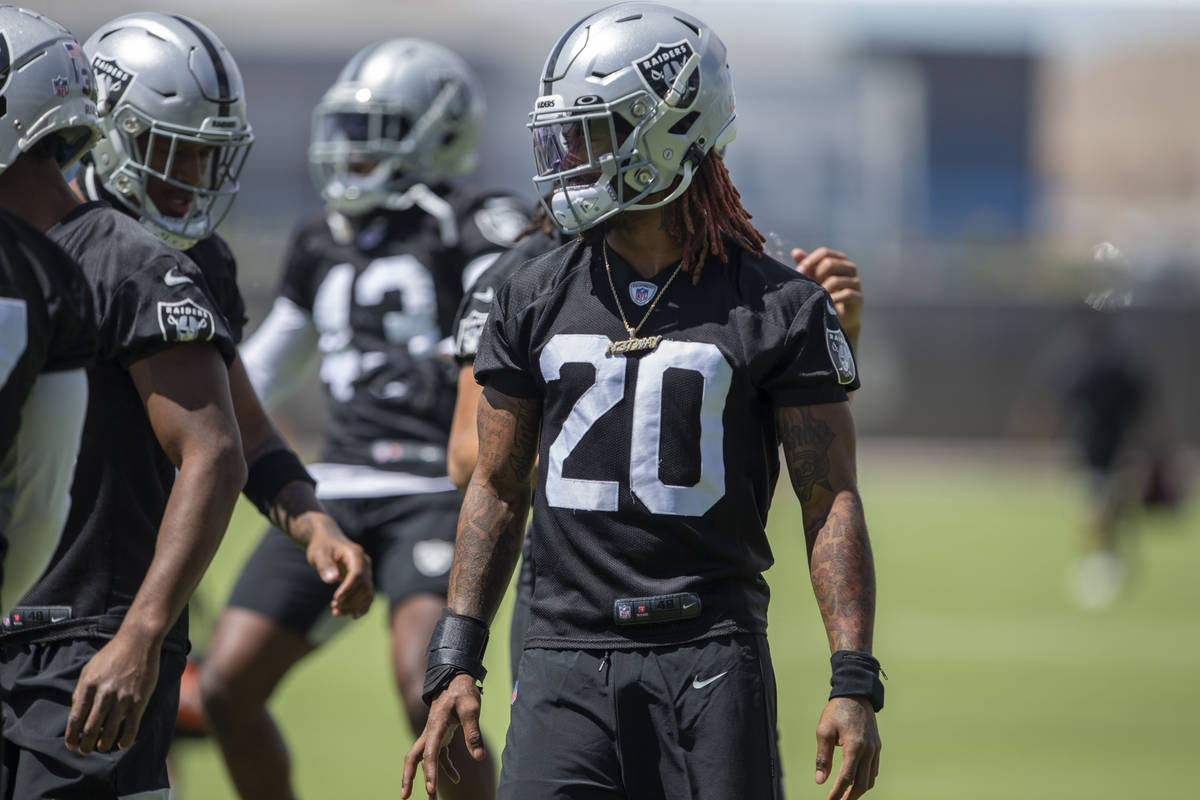 Raiders cornerback Damon Arnette (20) during the teamÕs NFL football practice on Wednesday ...