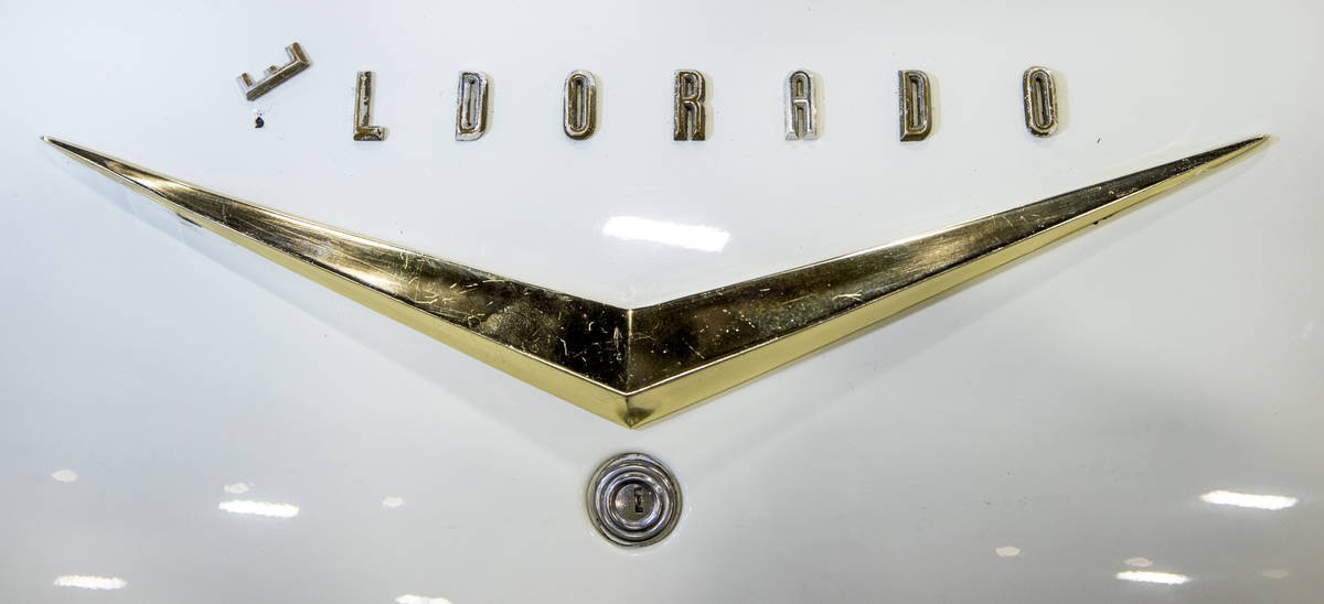 Turned letter ÒEÓ on the badging of a 1957 Cadillac Eldorado Biarritz Convertible for ...
