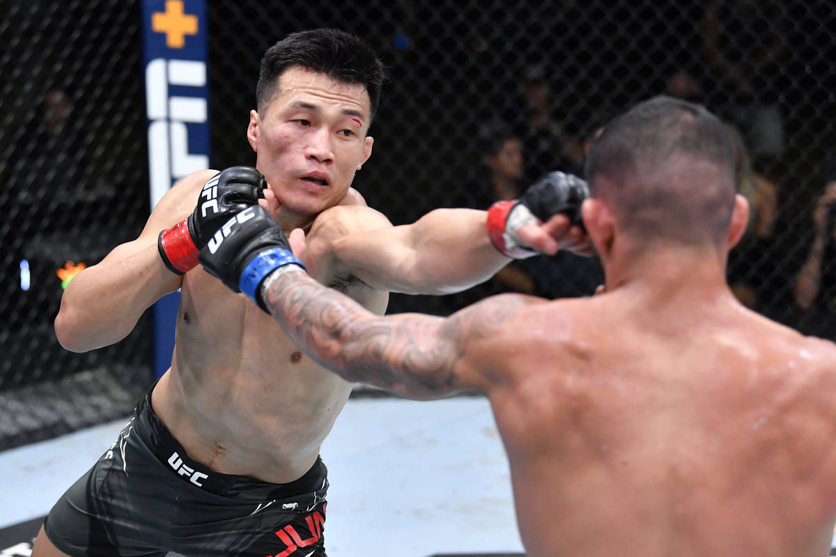 LAS VEGAS, NEVADA - JUNE 19: (L-R) 'The Korean Zombie' Chan Sung Jung of South Korea punches Da ...