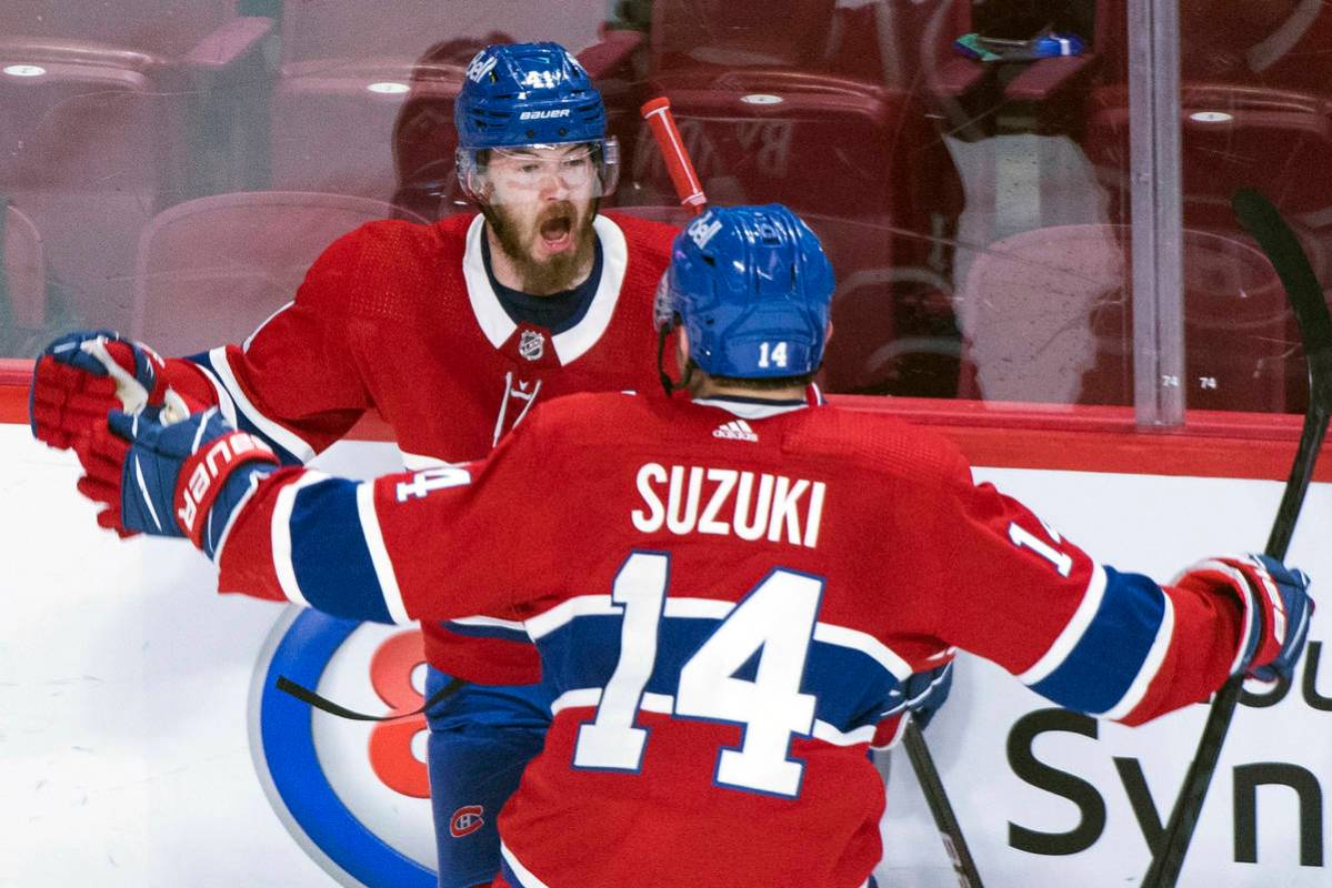 Montreal Canadiens' Paul Byron (41) celebrates his goal against the Vegas Golden Knights with t ...