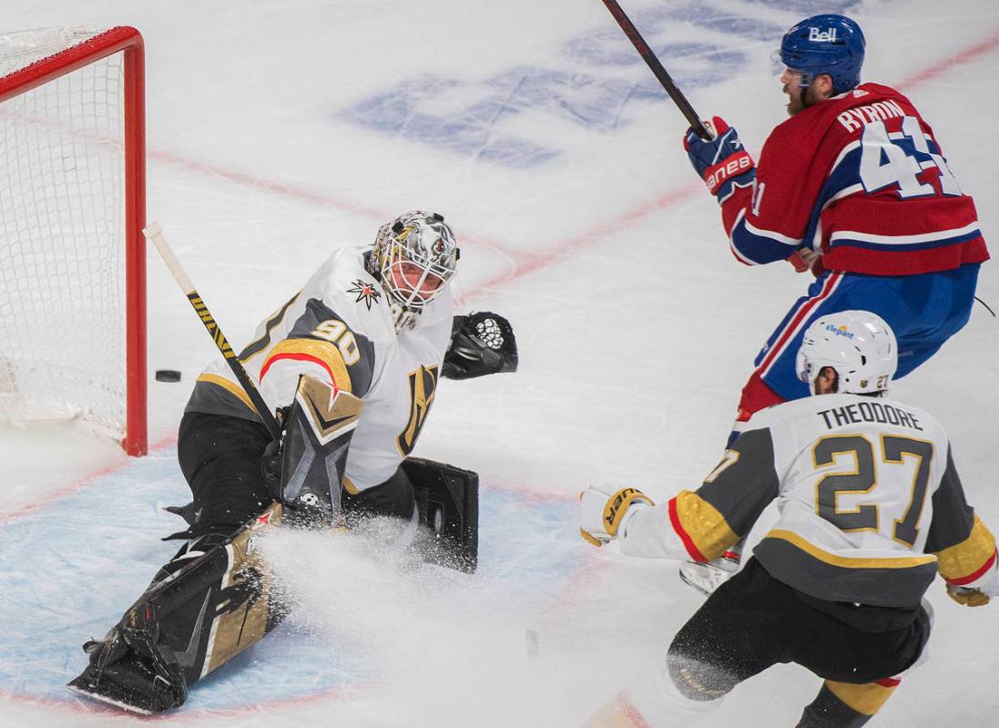 Montreal Canadiens' Paul Byron (41) scores against Vegas Golden Knights goaltender Robin Lehner ...