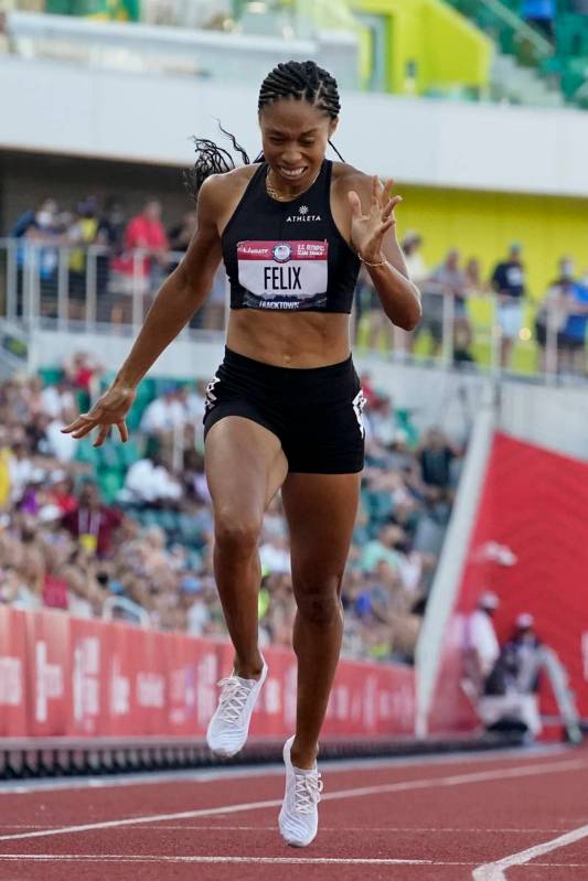 Allyson Felix finishes in second place in the women's 400-meter run at the U.S. Olympic Track a ...