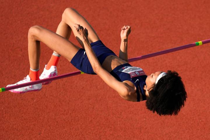 Vashti Cunningham competes during the finals of the women's high jump at the U.S. Olympic Track ...