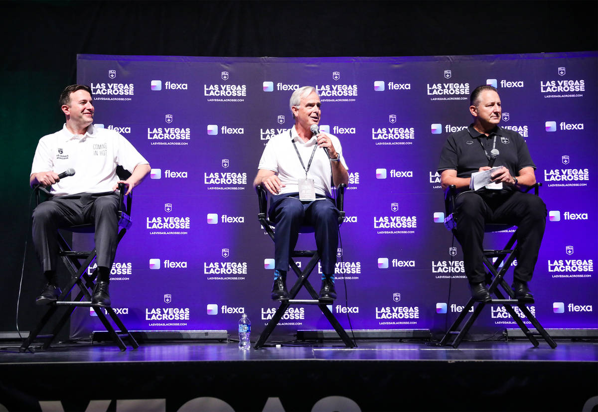 Mark Fine, CEO of Las Vegas Lacrosse, from left, Chuck Bowling, president and COO of Mandalay B ...