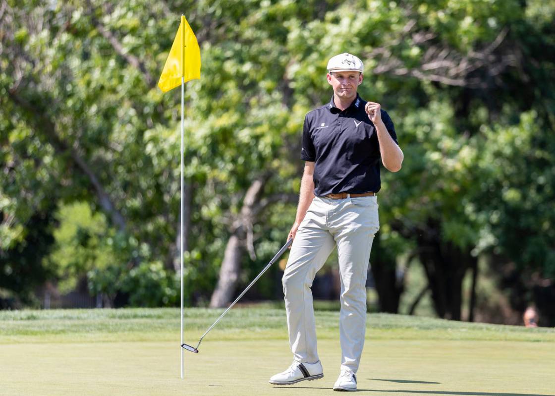 WICHITA, KS - JUNE 20: Harry Hall of England celebrates after sinking his putt to win the Wichi ...