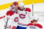 Canadiens goaltender Carey Price (31) is congratulated by Canadiens defenseman Shea Weber (6) a ...