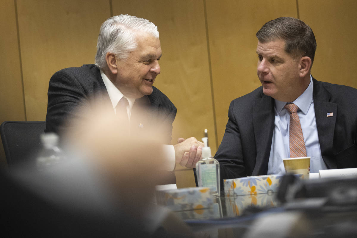 Nevada Gov. Steve Sisolak, left, and U.S. Labor Secretary Marty Walsh, shake hands during a rou ...